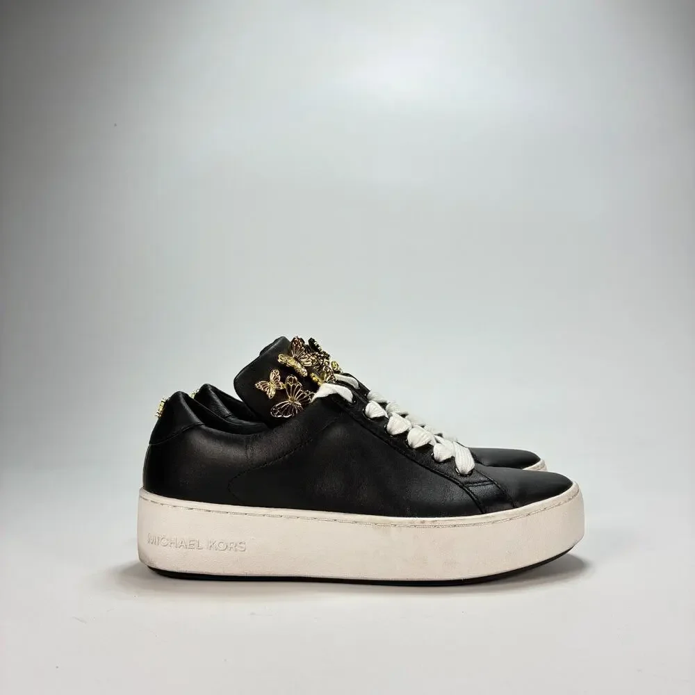 Michael Kors Mindy Black Leather Gold Tone Butterfly Sneakers Shoes Youth Sz 5M